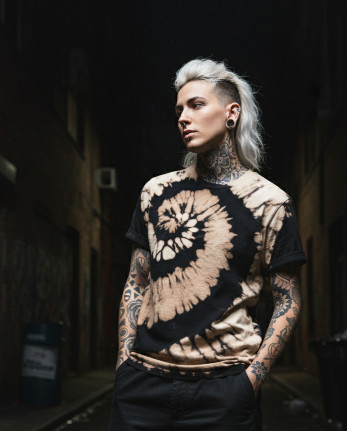 woman wearing fibonacci style design on a grungy street