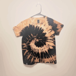 Black kids tee shirt with hand-bleached spiral design in the center