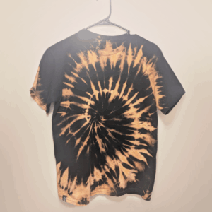 Black kids tee shirt with hand-bleached spiral design in the center