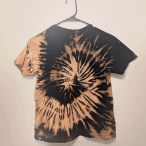 Black kids tee shirt with hand-bleached spiral design in the center